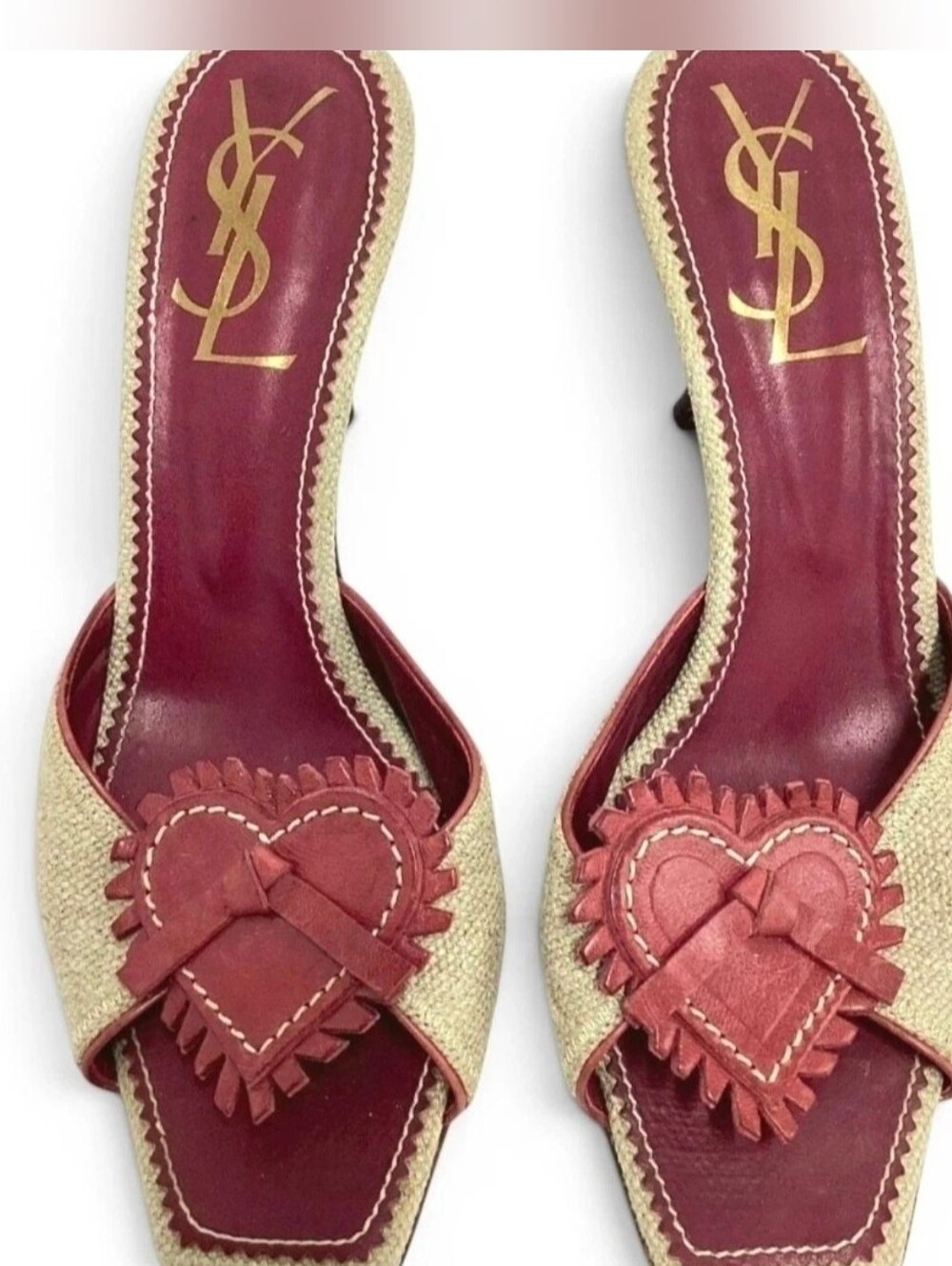 Yves Saint Laurent Burgundy and Beige Heart Slide Mules